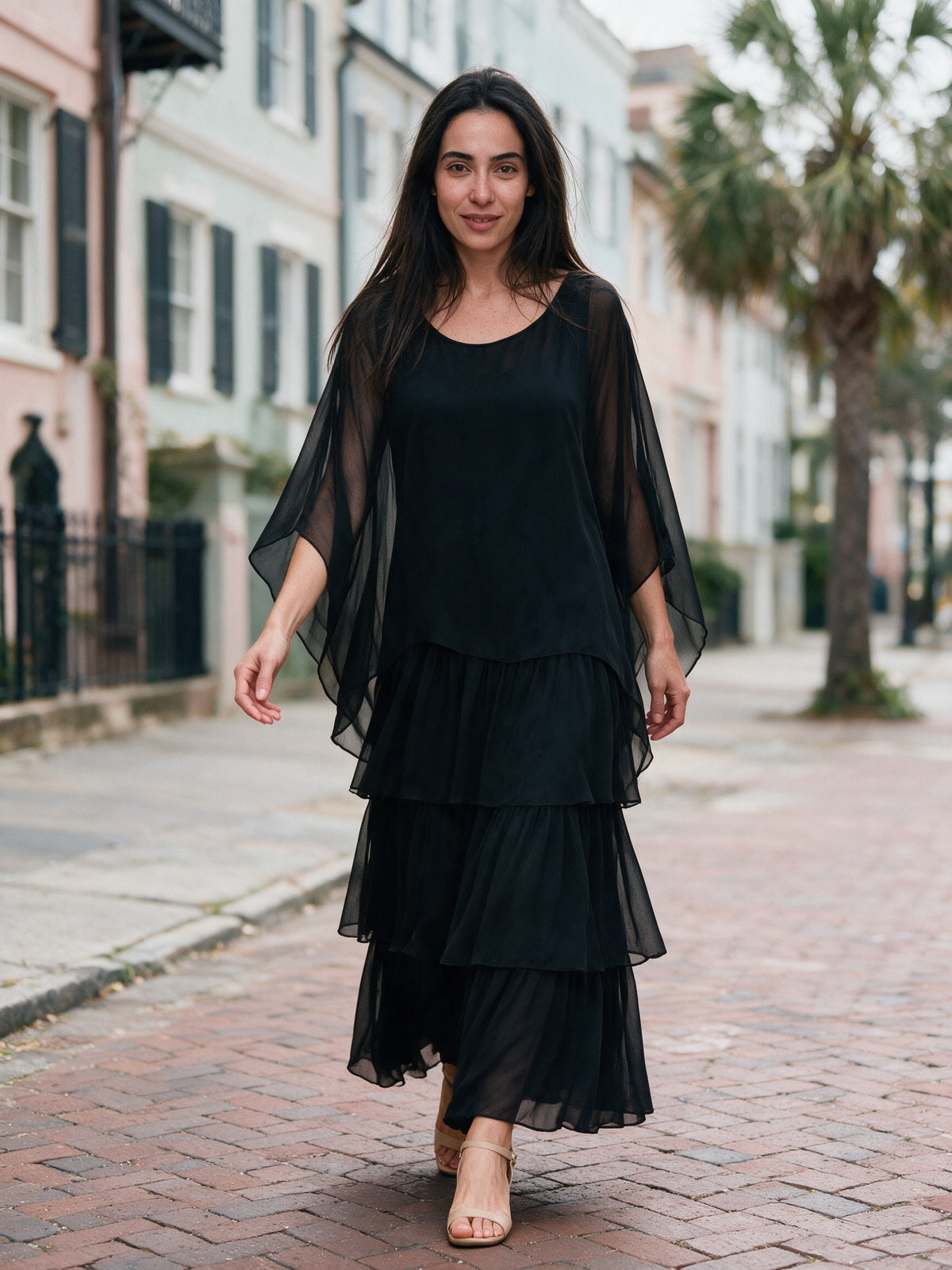 Ondine - Tiered Maxi Dress with Flowing Cape Overlay - view 4
