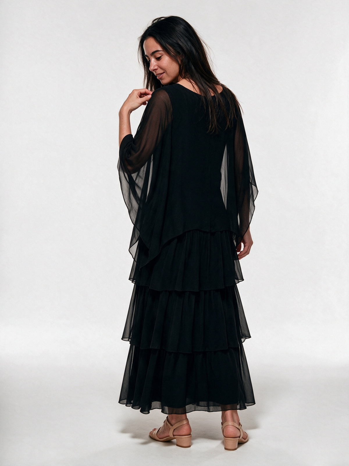 Ondine - Tiered Maxi Dress with Flowing Cape Overlay - view 5