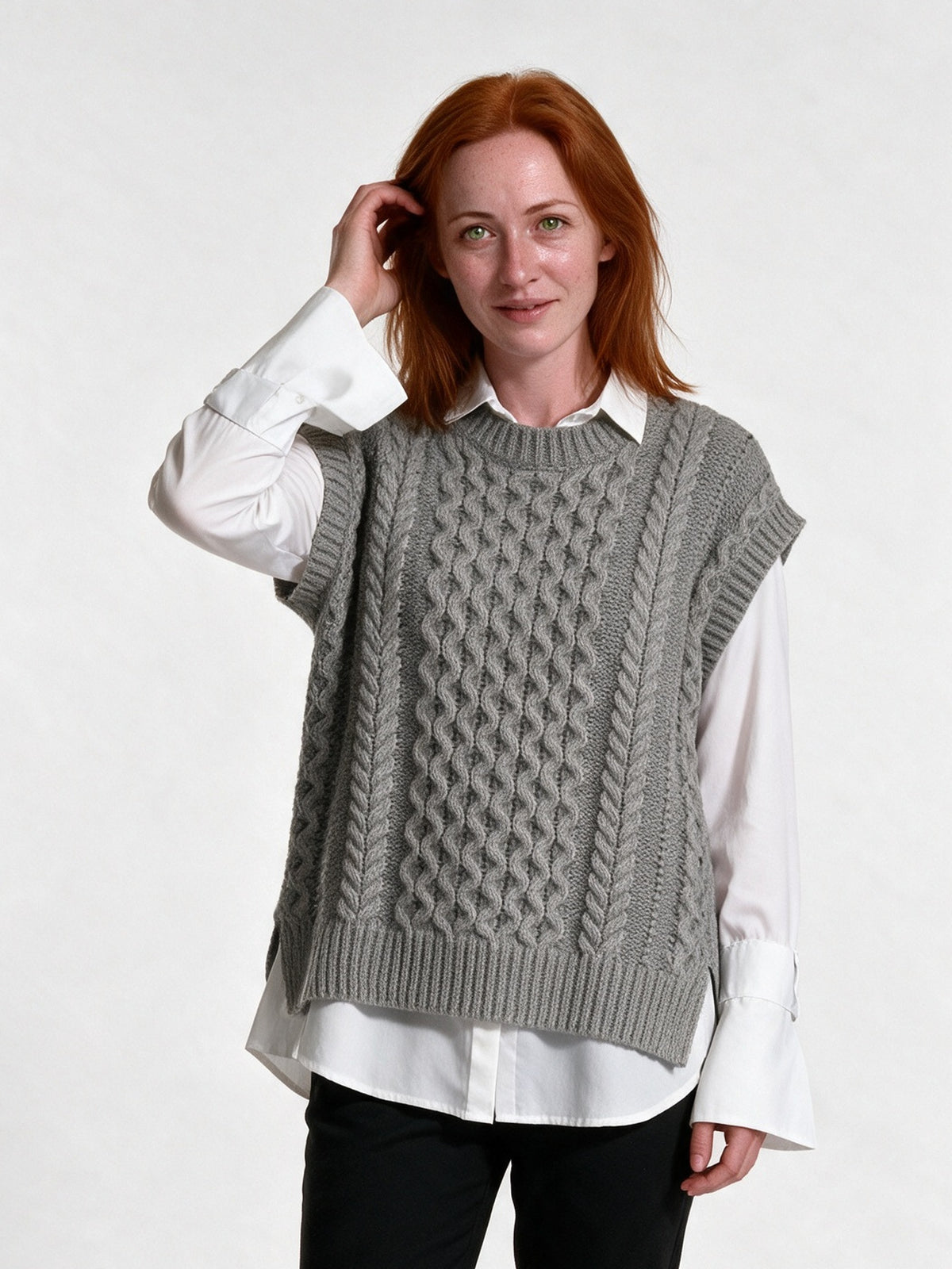Oona - Women's Cable Knit Sweater Vest with Side Slits - Gray