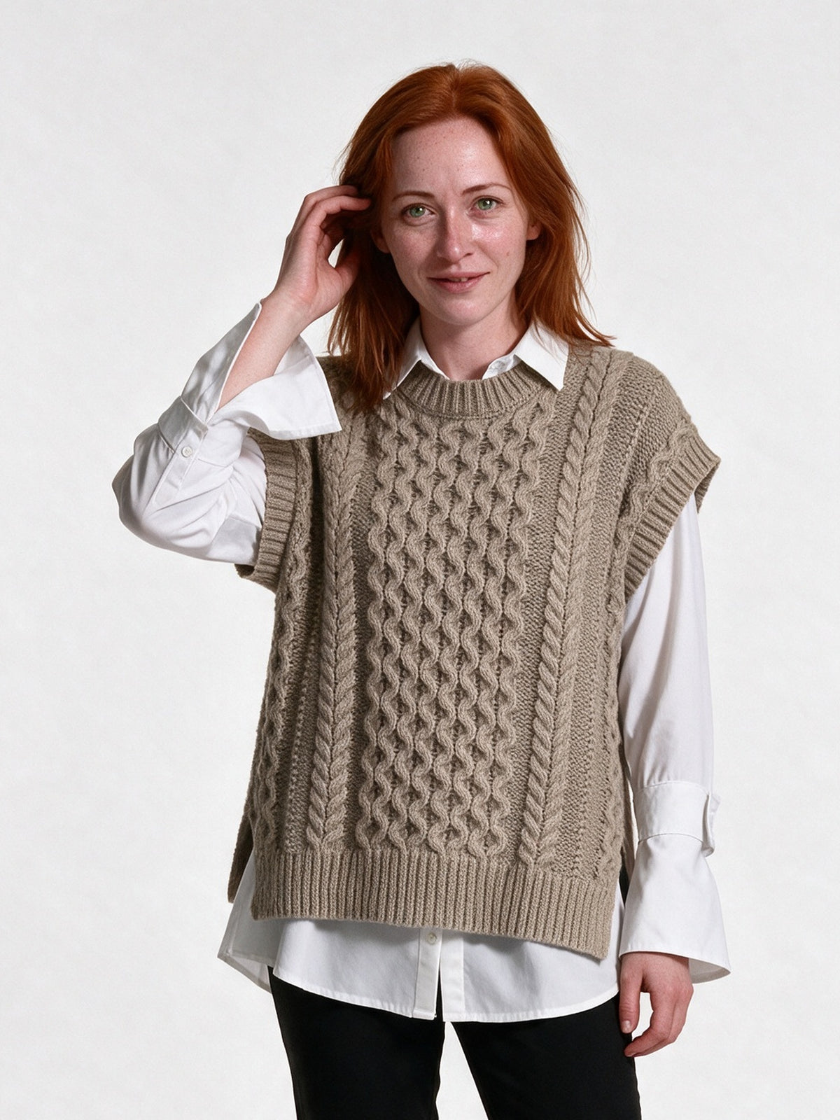 Oona - Women's Cable Knit Sweater Vest with Side Slits - Taupe
