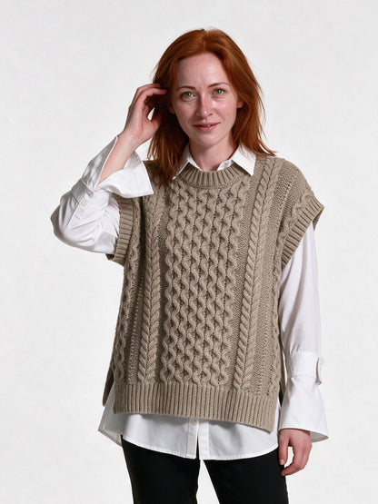 Oona - Women's Cable Knit Sweater Vest with Side Slits - Taupe