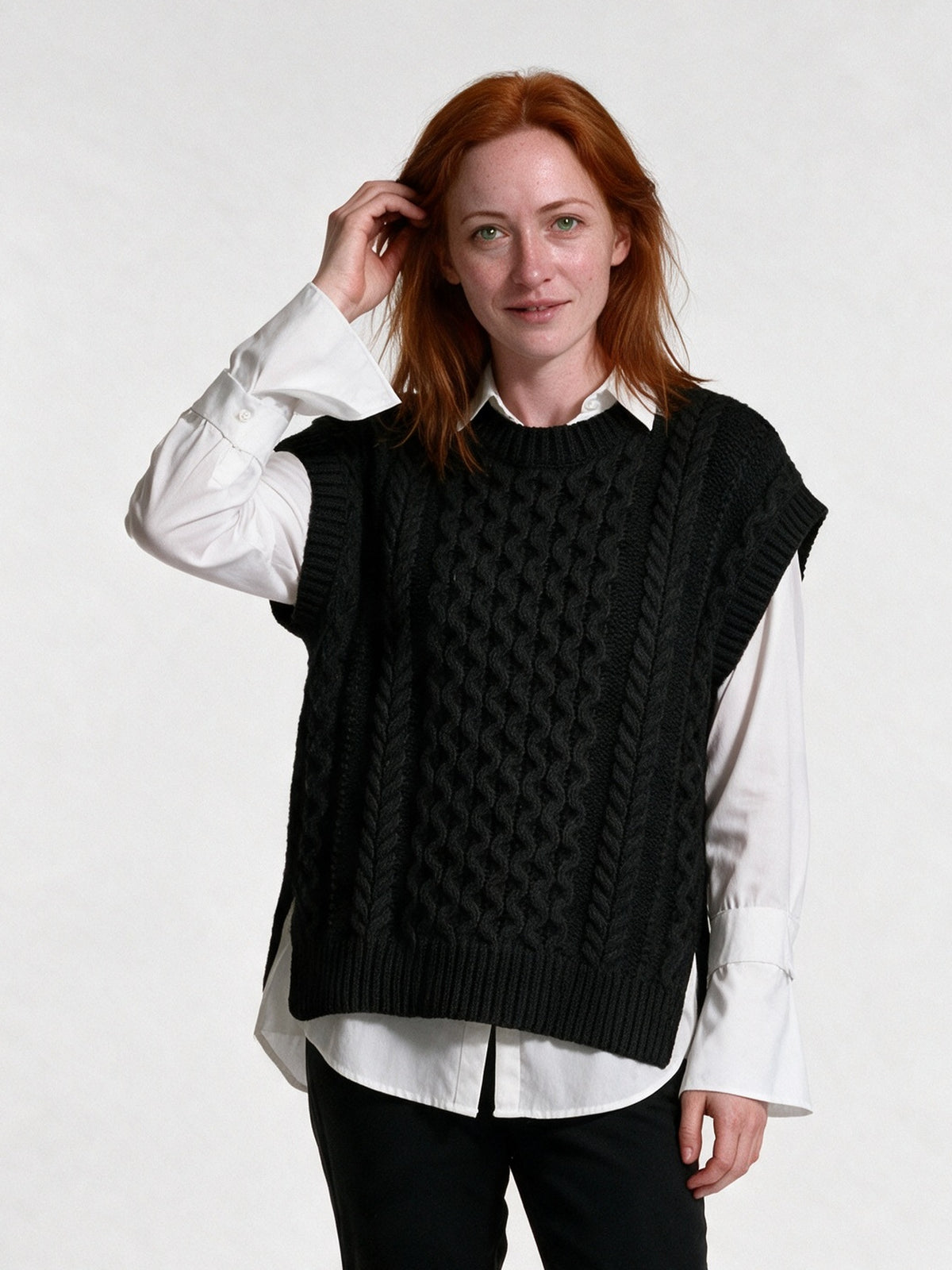 Oona - Women's Cable Knit Sweater Vest with Side Slits - view 1