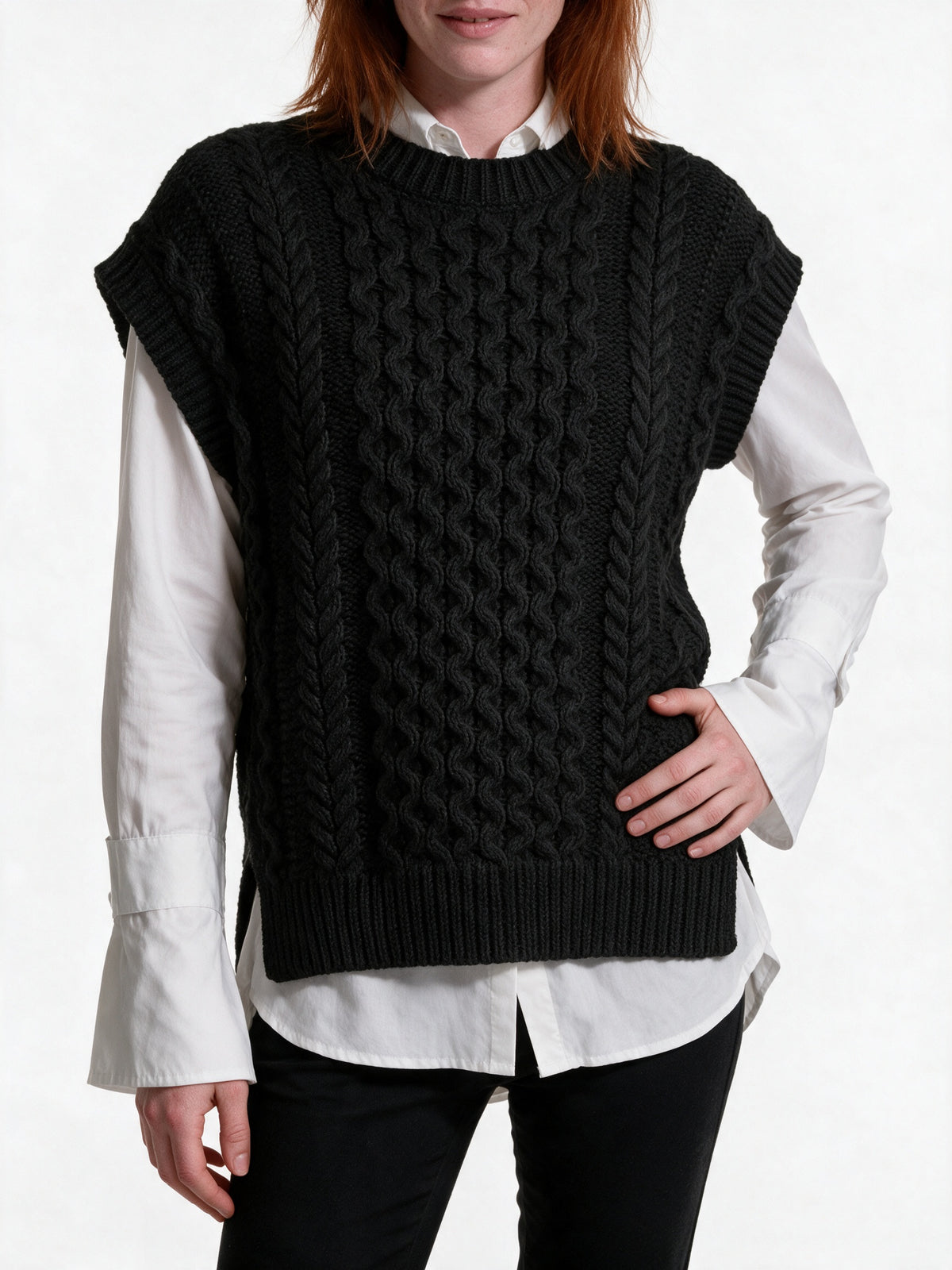 Oona - Women's Cable Knit Sweater Vest with Side Slits - view 3