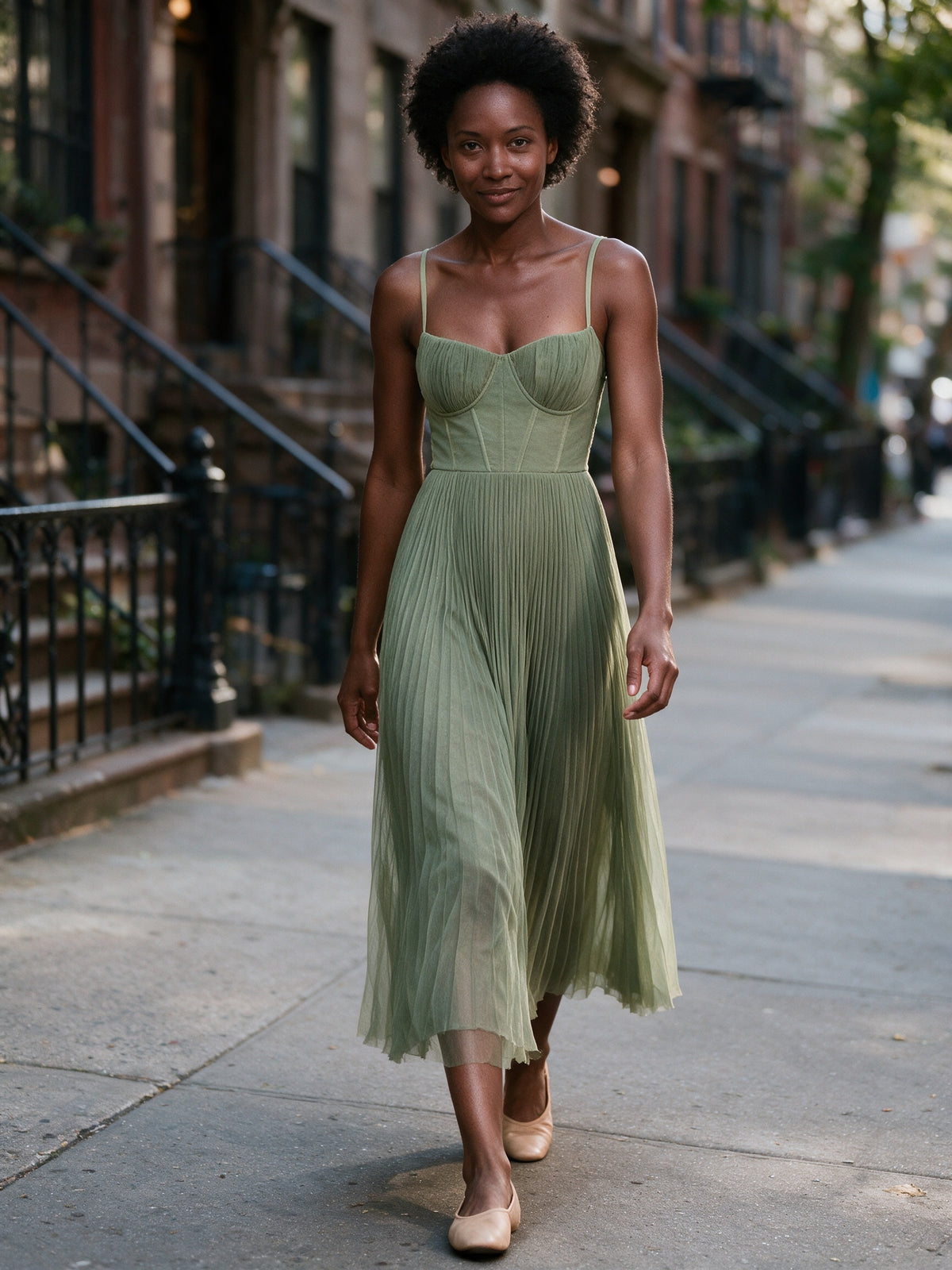 Ottavia - Pleated Bustier Midi Dress with Thin Straps - view 4