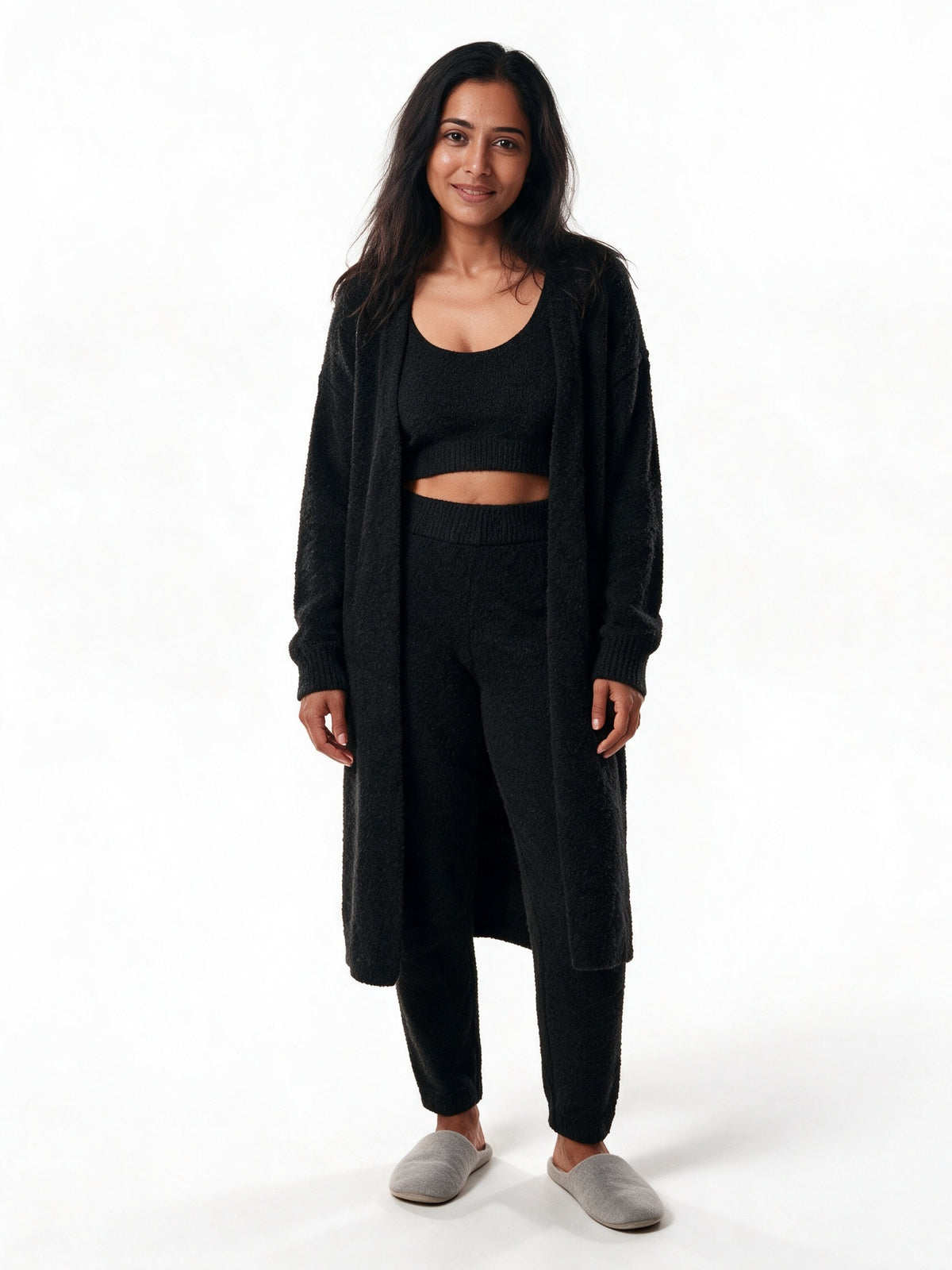 Ottilie - Women's Fluffy Three Piece Lounge Set with Long Cardigan - Black