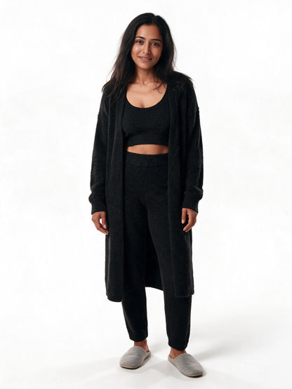 Ottilie - Women's Fluffy Three Piece Lounge Set with Long Cardigan - Black