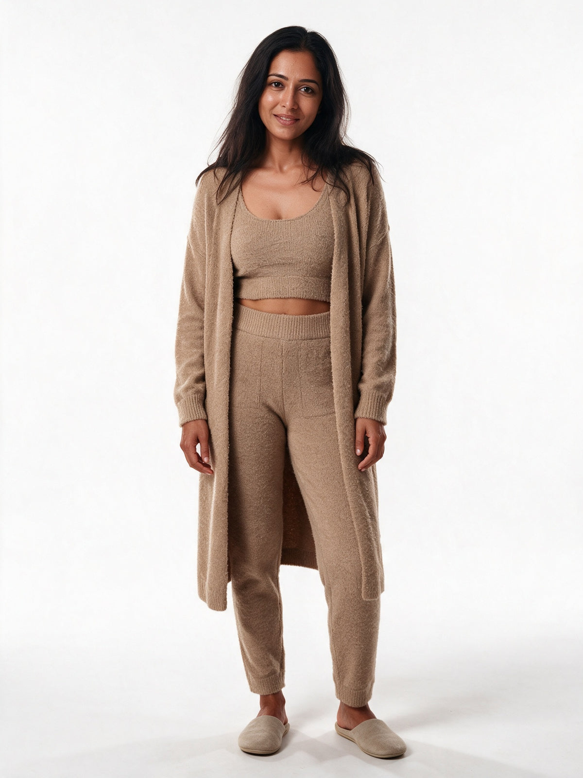 Ottilie - Women's Fluffy Three Piece Lounge Set with Long Cardigan - Camel