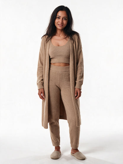 Ottilie - Women's Fluffy Three Piece Lounge Set with Long Cardigan - Camel