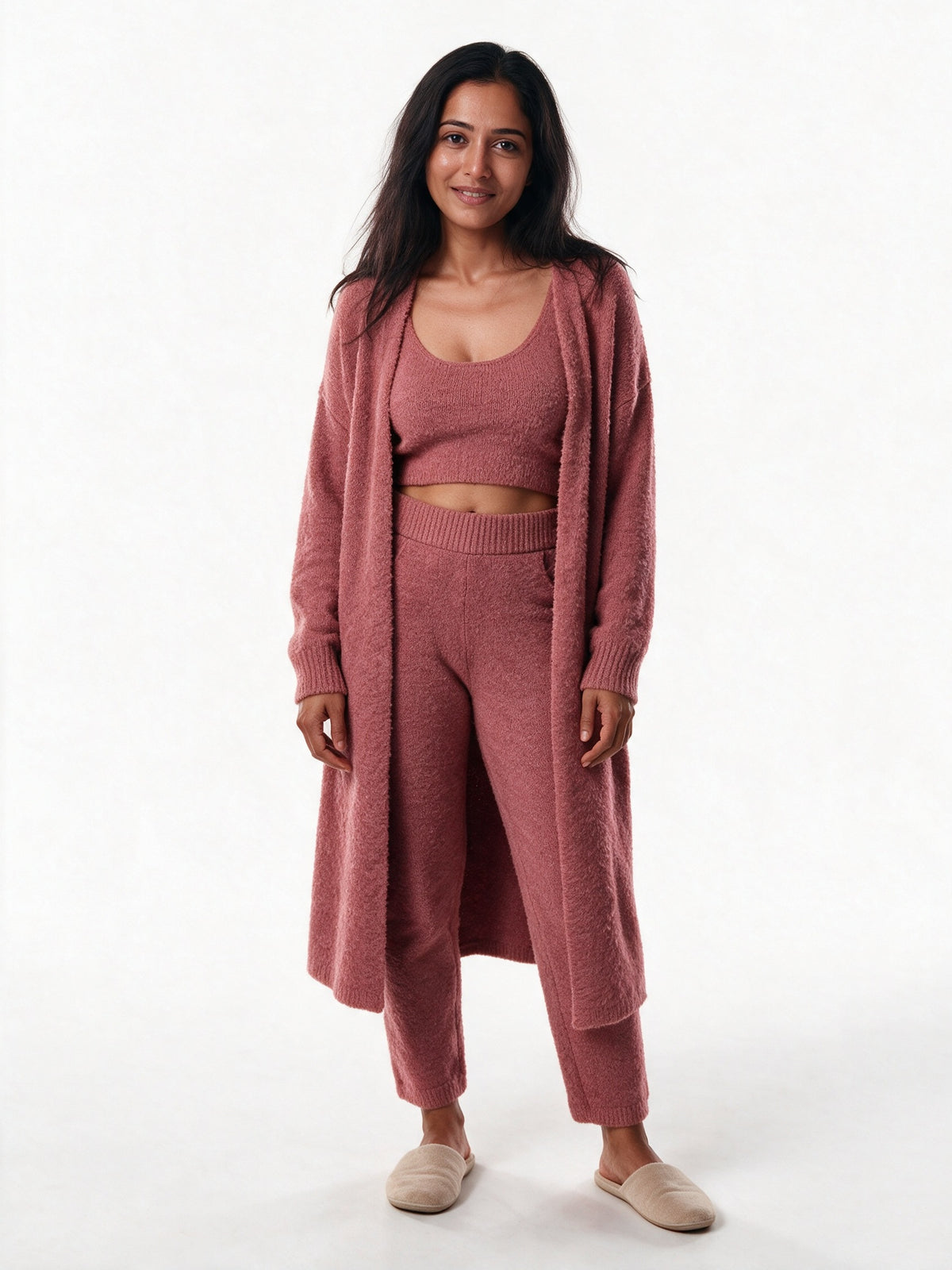 Ottilie - Women's Fluffy Three Piece Lounge Set with Long Cardigan - Rose