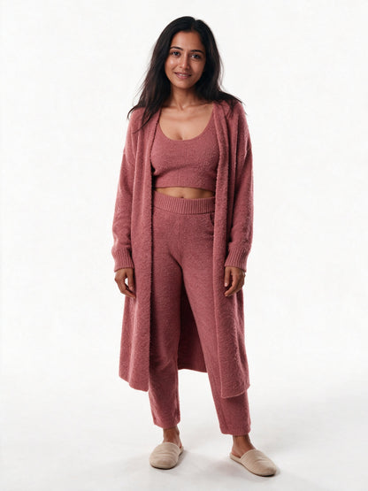 Ottilie - Women's Fluffy Three Piece Lounge Set with Long Cardigan - Rose