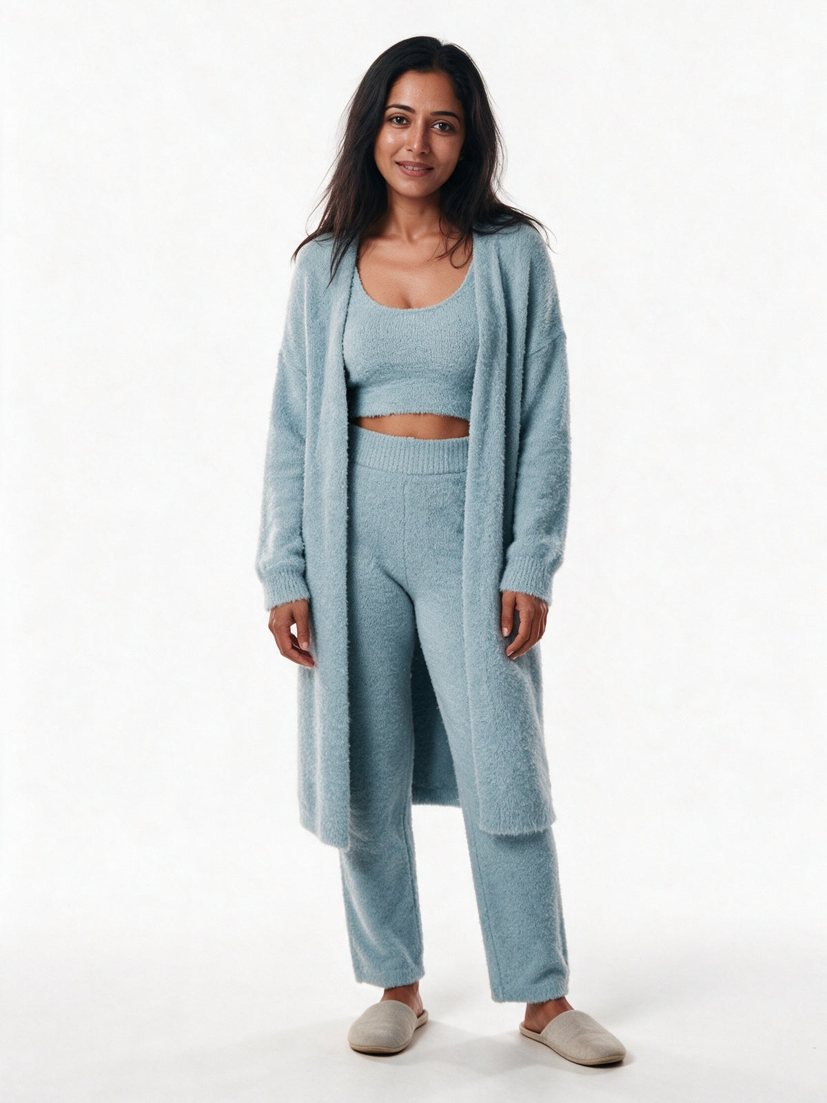 Ottilie - Women's Fluffy Three Piece Lounge Set with Long Cardigan - Sky Blue