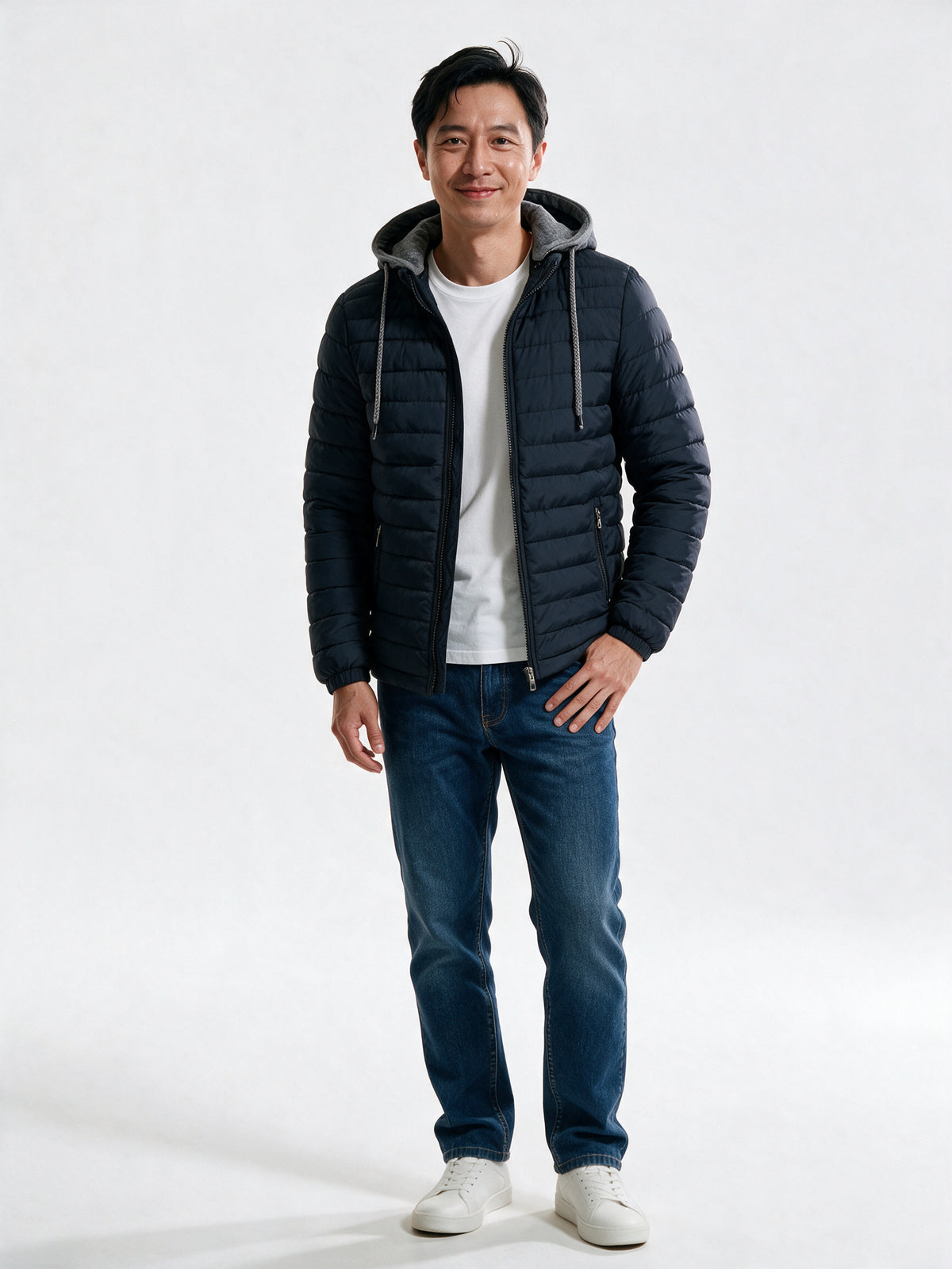 Owen - Men's Lightweight Quilted Hooded Puffer Jacket - Navy Blue