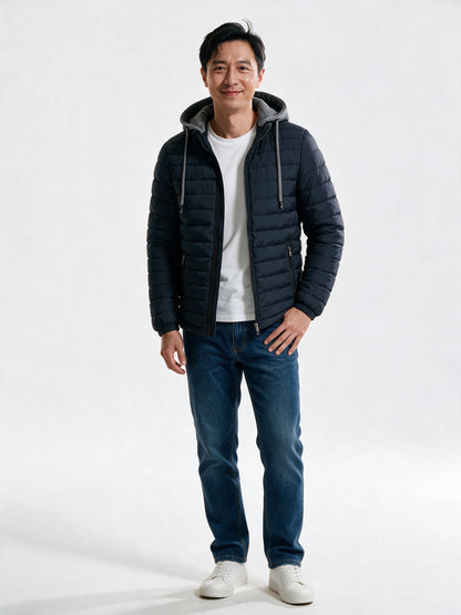 Owen - Men's Lightweight Quilted Hooded Puffer Jacket - Navy Blue