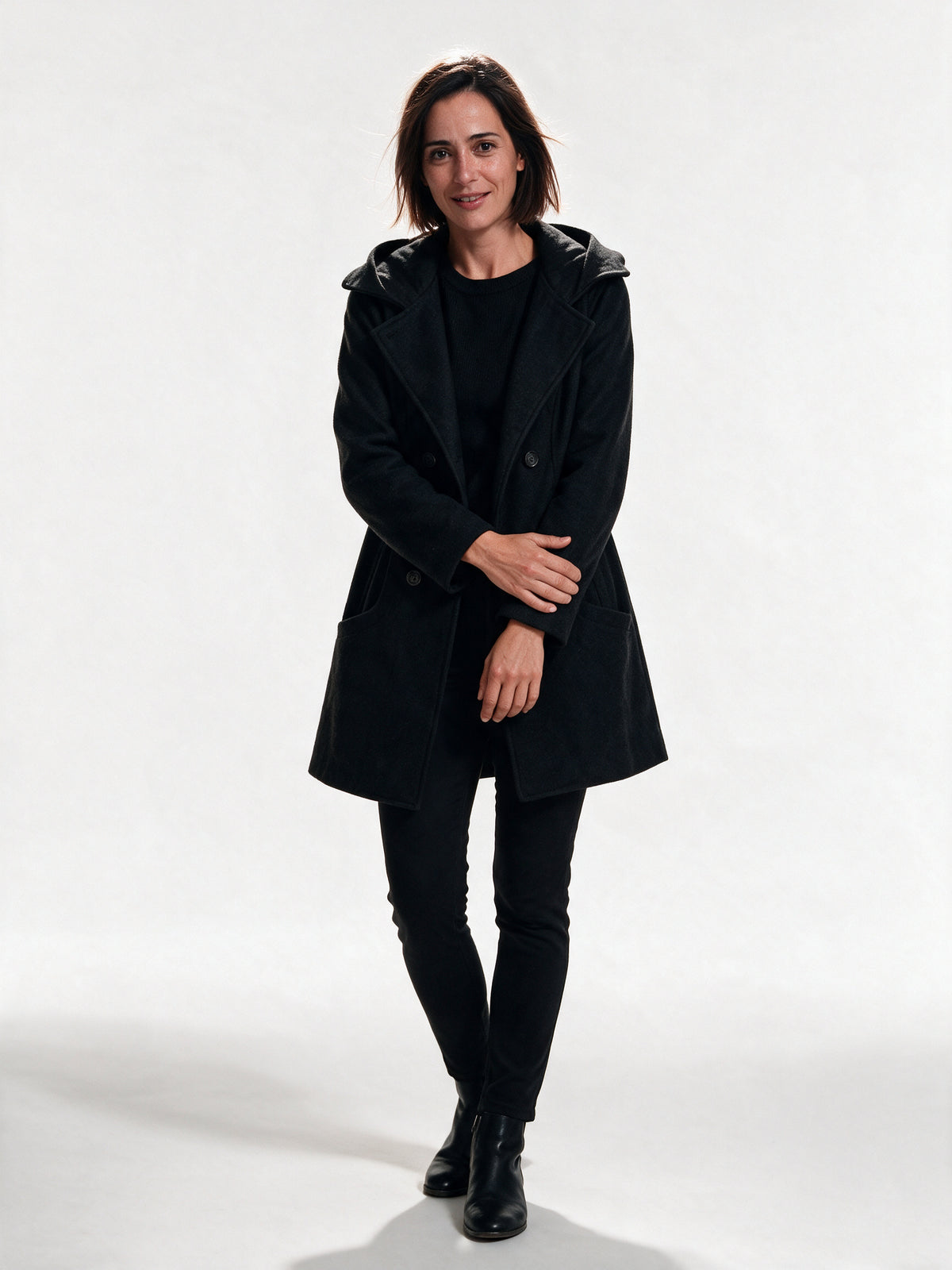 Penelope - Double-Breasted Lapel Coat with Patch Pockets - Black