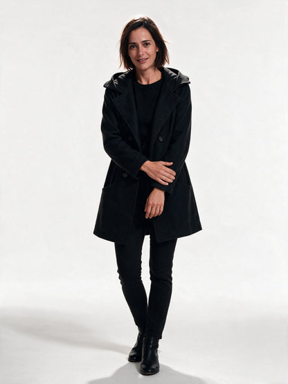 Penelope - Double-Breasted Lapel Coat with Patch Pockets - Black