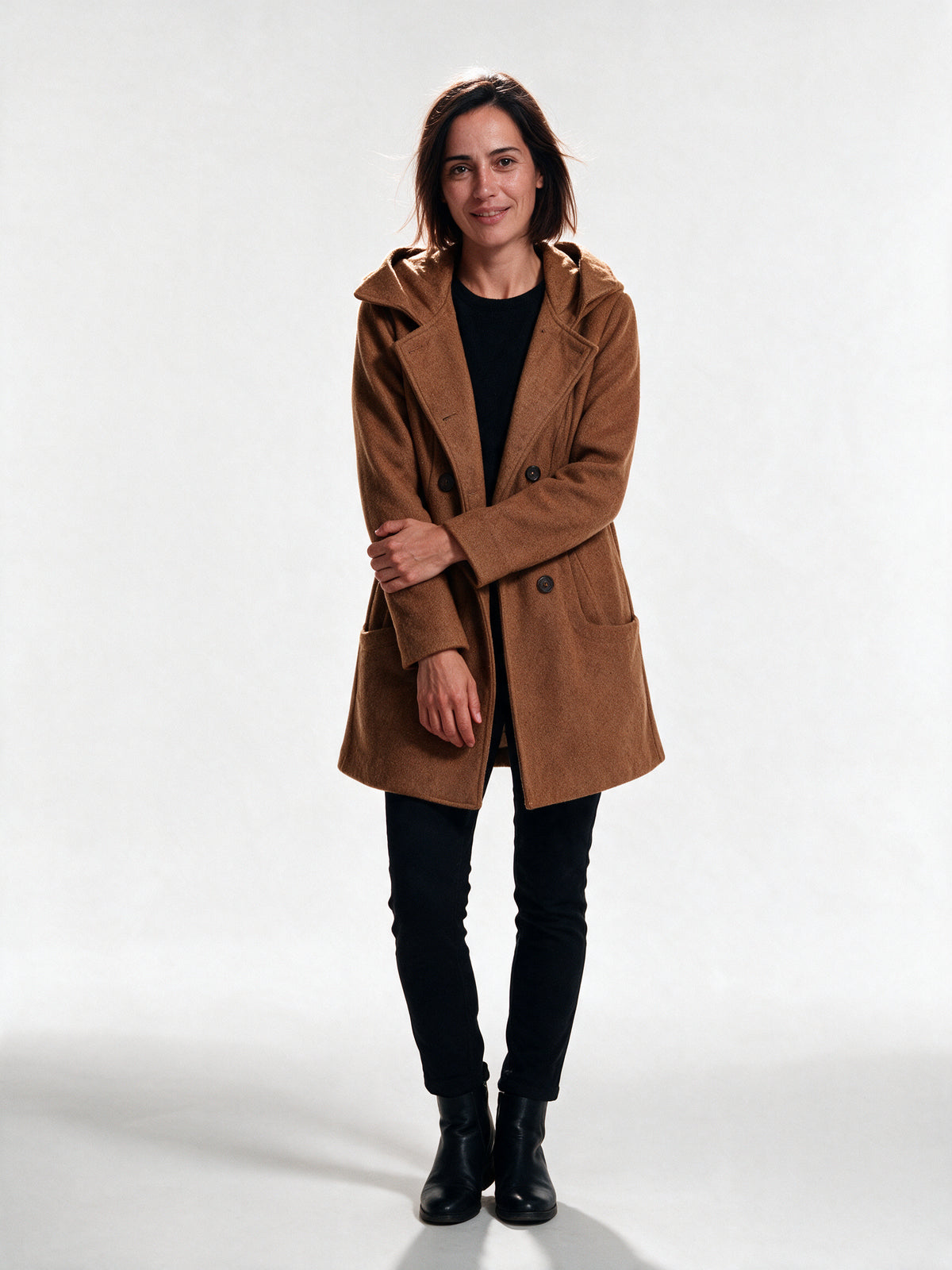Penelope - Double-Breasted Lapel Coat with Patch Pockets - Caramel