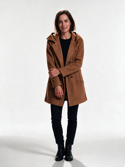 Penelope - Double-Breasted Lapel Coat with Patch Pockets - Caramel