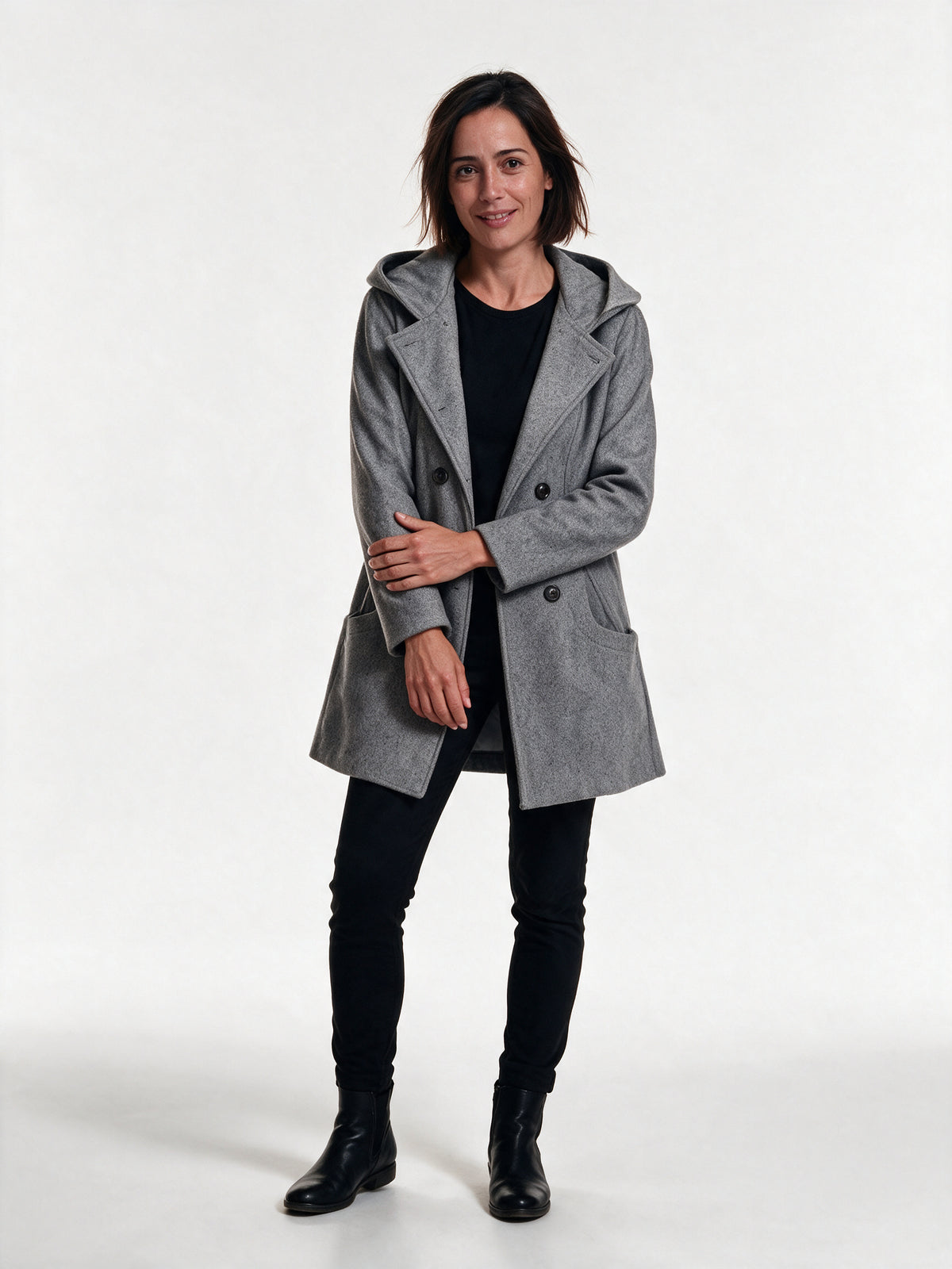 Penelope - Double-Breasted Lapel Coat with Patch Pockets - Gray