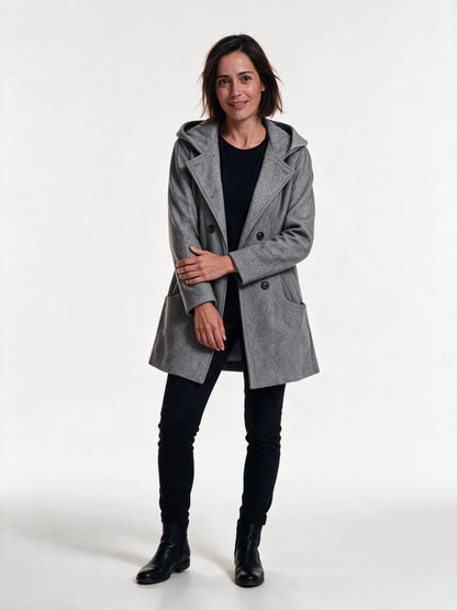 Penelope - Double-Breasted Lapel Coat with Patch Pockets - Gray