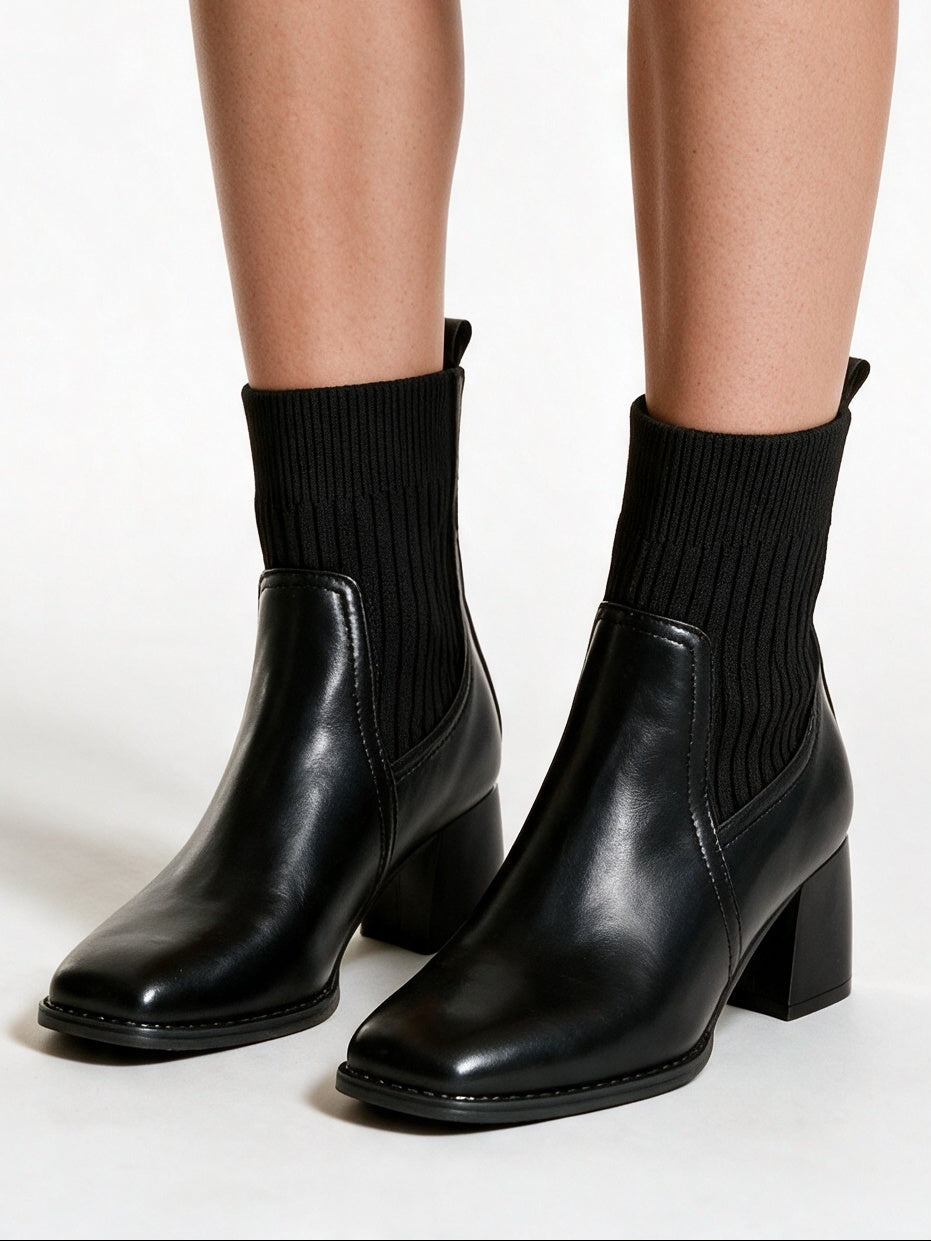 Penelope - Ribbed Stretch Shaft Block Heel Slip-On Ankle Boots - view 1