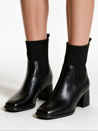 Penelope - Ribbed Stretch Shaft Block Heel Slip-On Ankle Boots - view 1