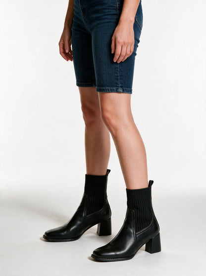Penelope - Ribbed Stretch Shaft Block Heel Slip-On Ankle Boots - view 2