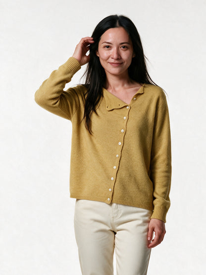 Perla off-centre button cardigan in mustard, front view