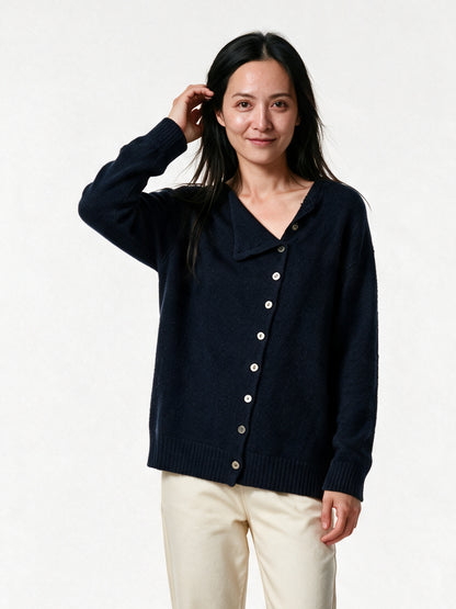 Perla off-centre button cardigan in navy, front view