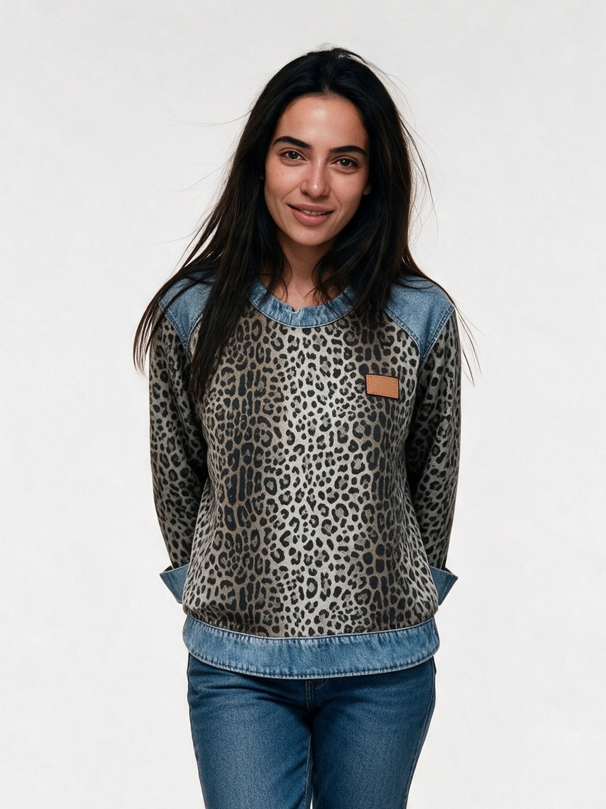 Petra - Women's Leopard Print Contrast Trim Pullover - Gray