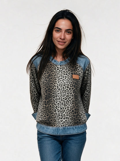 Petra - Women's Leopard Print Contrast Trim Pullover - Gray