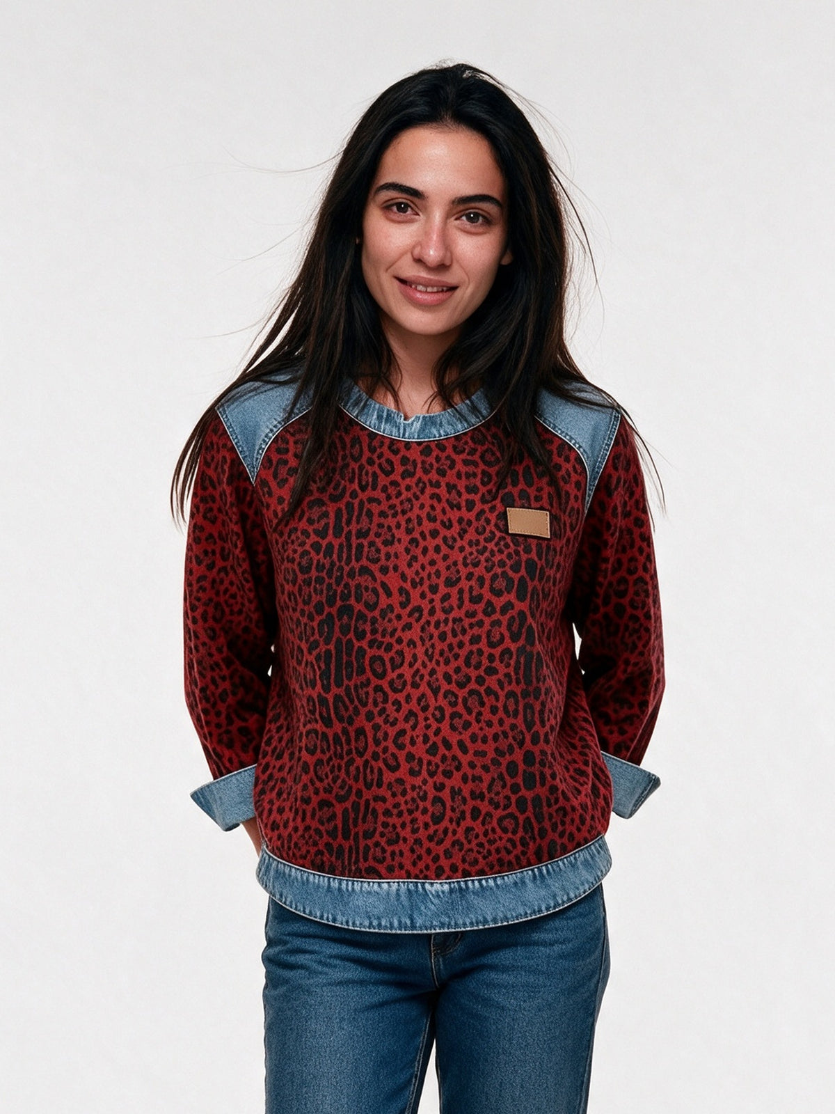 Petra - Women's Leopard Print Contrast Trim Pullover - Red