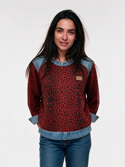 Petra - Women's Leopard Print Contrast Trim Pullover - Red