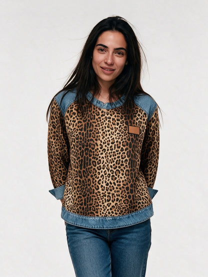 Petra - Women's Leopard Print Contrast Trim Pullover - view 1