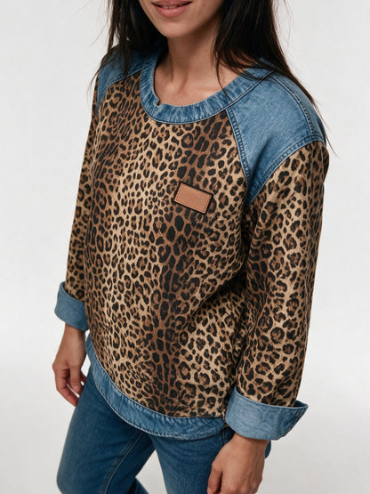 Petra - Women's Leopard Print Contrast Trim Pullover - view 3