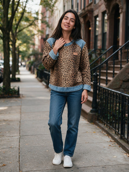 Petra - Women's Leopard Print Contrast Trim Pullover - view 4