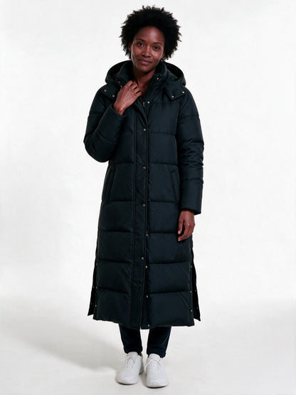 Peyton - Women's Maxi Hooded Quilted Puffer Coat - Black