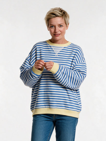 Posy - Women's Oversized Striped Crew Neck Sweater - Blue and White
