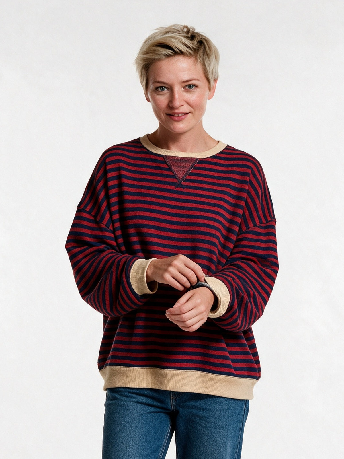 Posy - Women's Oversized Striped Crew Neck Sweater - Burgundy and Red