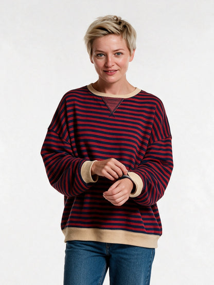 Posy - Women's Oversized Striped Crew Neck Sweater - Burgundy and Red