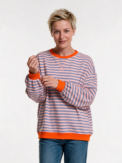 Posy - Women's Oversized Striped Crew Neck Sweater - Lilac and Orange