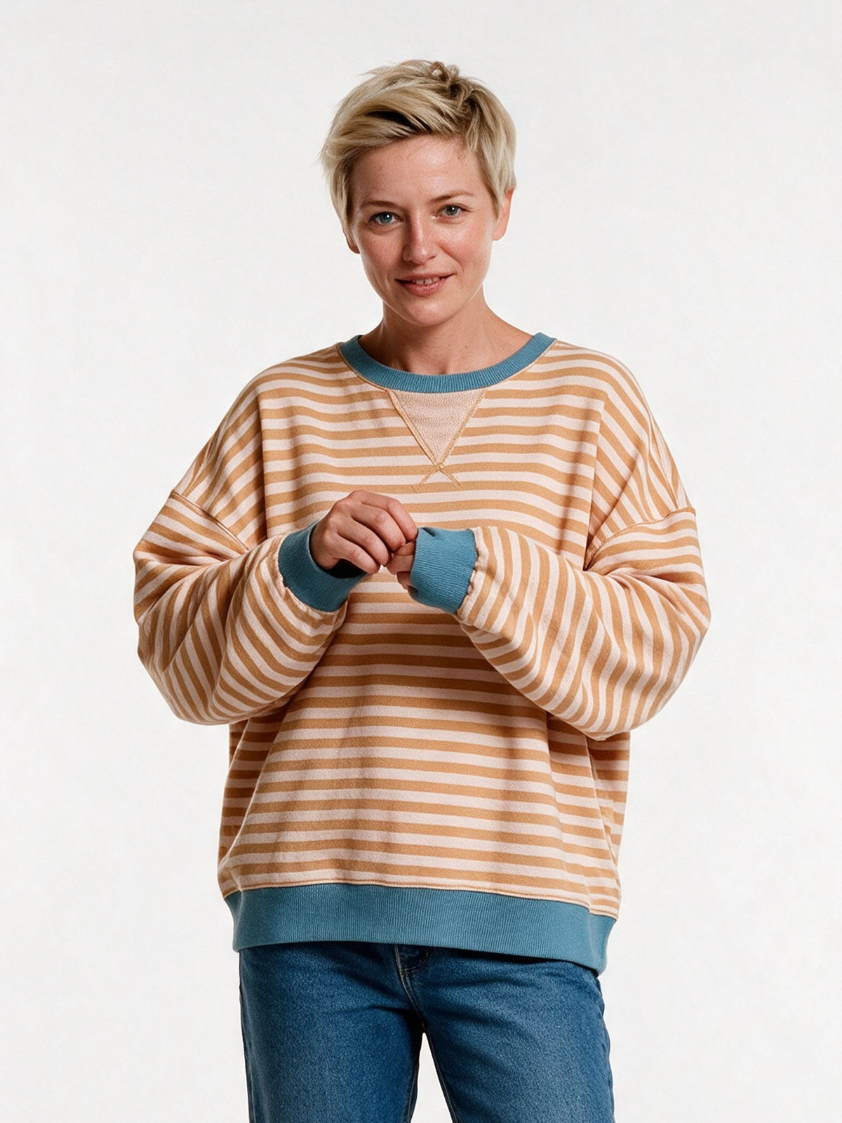 Posy - Women's Oversized Striped Crew Neck Sweater - Peach and White