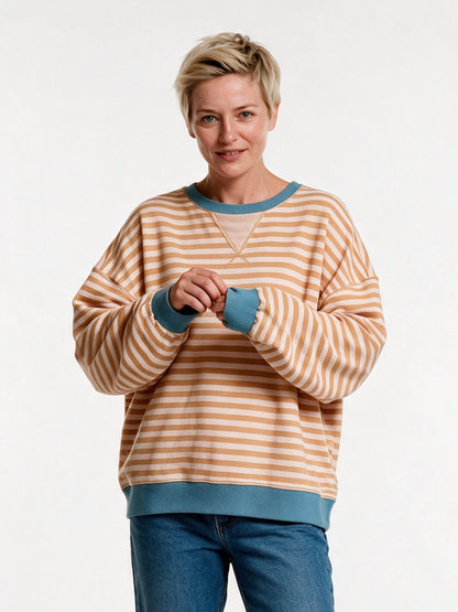 Posy - Women's Oversized Striped Crew Neck Sweater - Peach and White