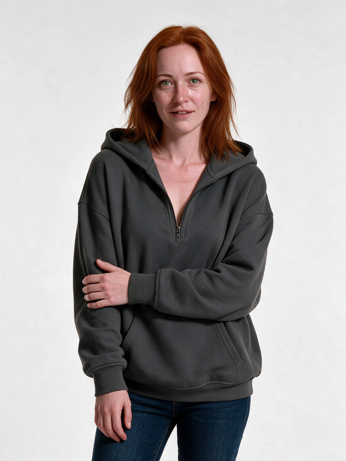 Rakel - Women's Oversized Half Zip Hoodie with Pocket - Charcoal