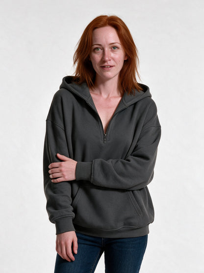 Rakel - Women's Oversized Half Zip Hoodie with Pocket - Charcoal