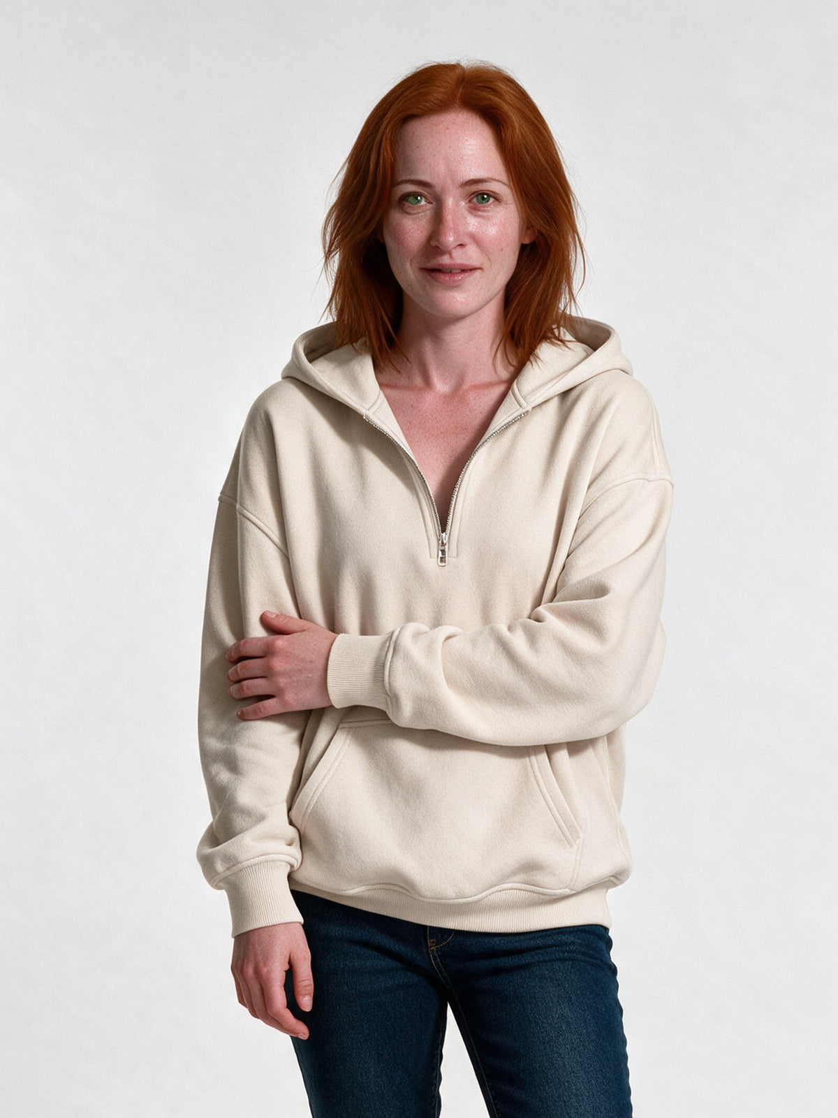 Rakel - Women's Oversized Half Zip Hoodie with Pocket - Cream