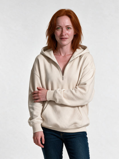 Rakel - Women's Oversized Half Zip Hoodie with Pocket - Cream