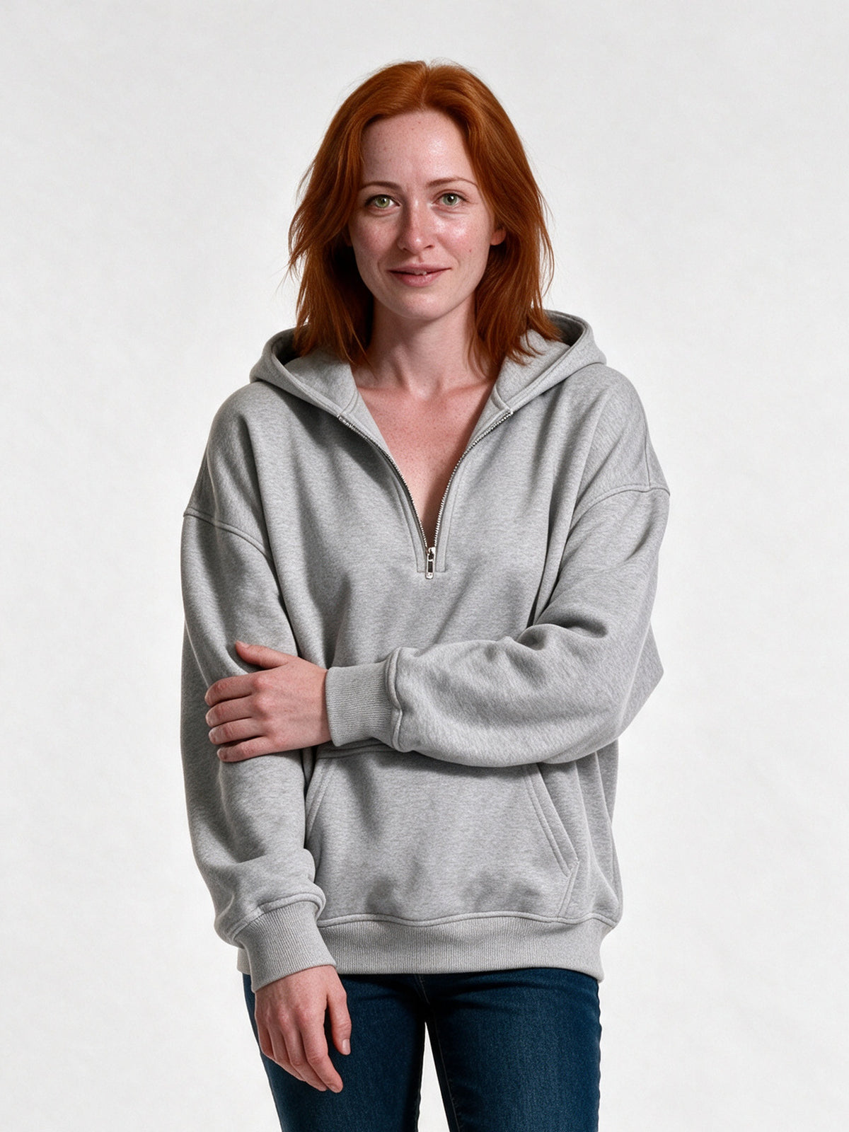 Rakel - Women's Oversized Half Zip Hoodie with Pocket - Light Grey