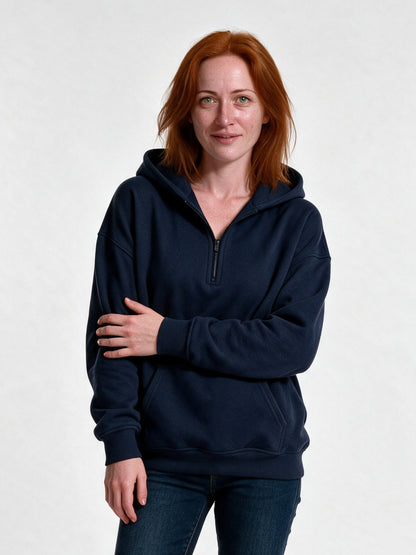 Rakel - Women's Oversized Half Zip Hoodie with Pocket - Navy