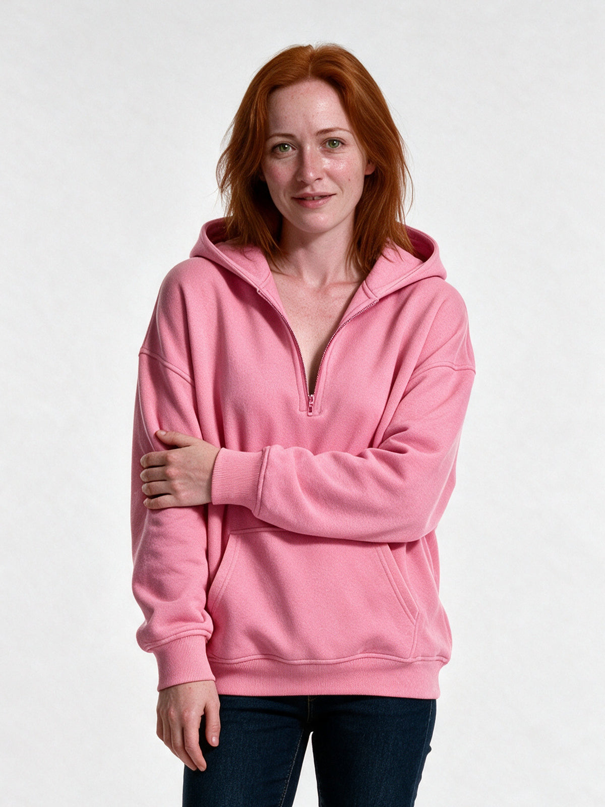 Rakel - Women's Oversized Half Zip Hoodie with Pocket - Pink