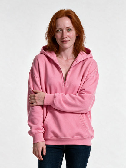 Rakel - Women's Oversized Half Zip Hoodie with Pocket - Pink
